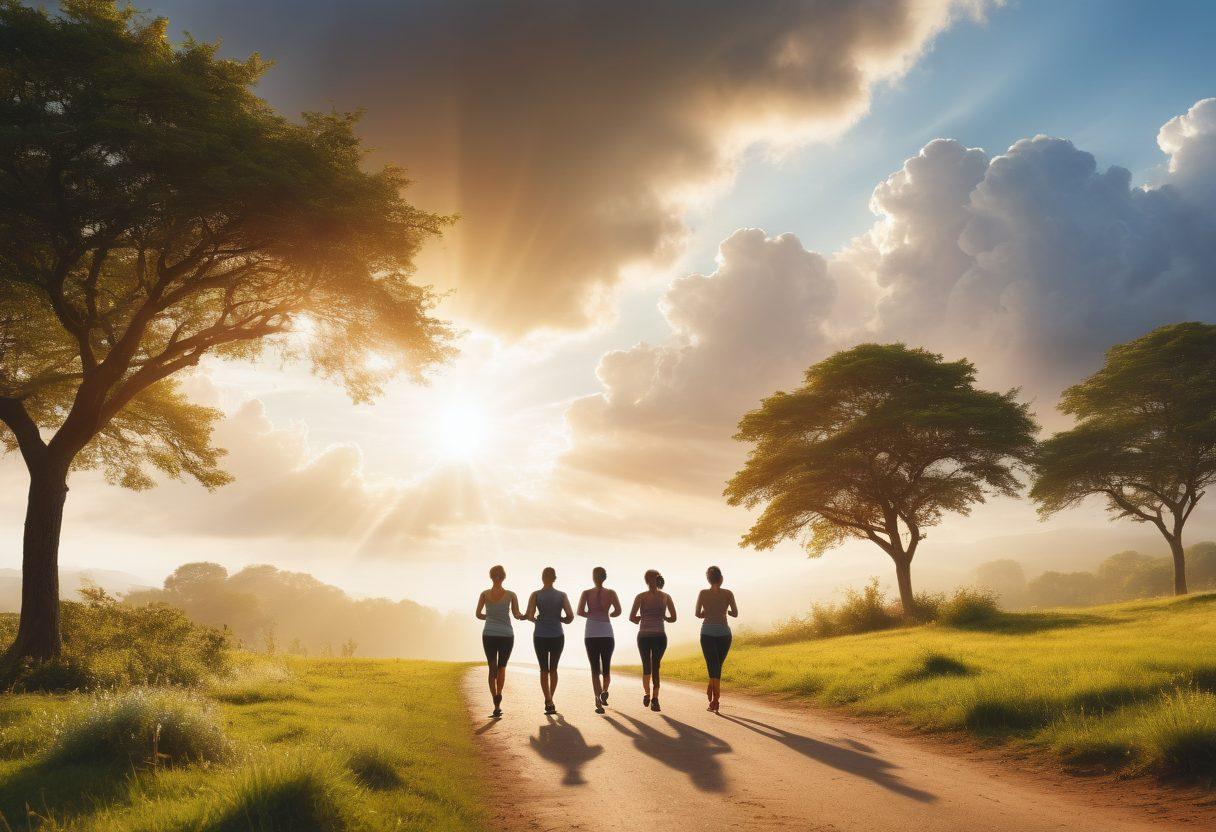 A serene landscape depicting a diverse group of individuals engaged in healthy activities like jogging, yoga, and cooking nutritious meals, symbolizing community and support in health journeys. The backdrop includes elements of nature, like trees and sunlight breaking through the clouds, to convey a sense of hope and vitality. Infused with warm, uplifting colors that evoke positivity and empowerment. super-realistic. vibrant colors. white background.