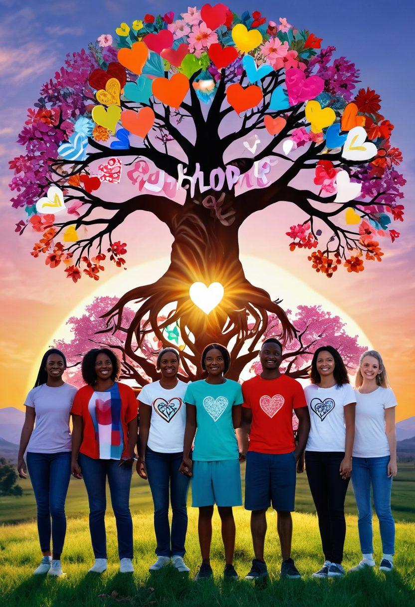 A diverse group of survivors standing together, with radiant smiles and supportive body language, surrounded by symbols of empowerment such as hearts and light bulbs representing hope and resilience. In the background, a vast landscape symbolizing growth and healing, including a tree with strong roots and colorful flowers. The scene conveys a sense of community, strength, and positive energy. vibrant colors. super-realistic.