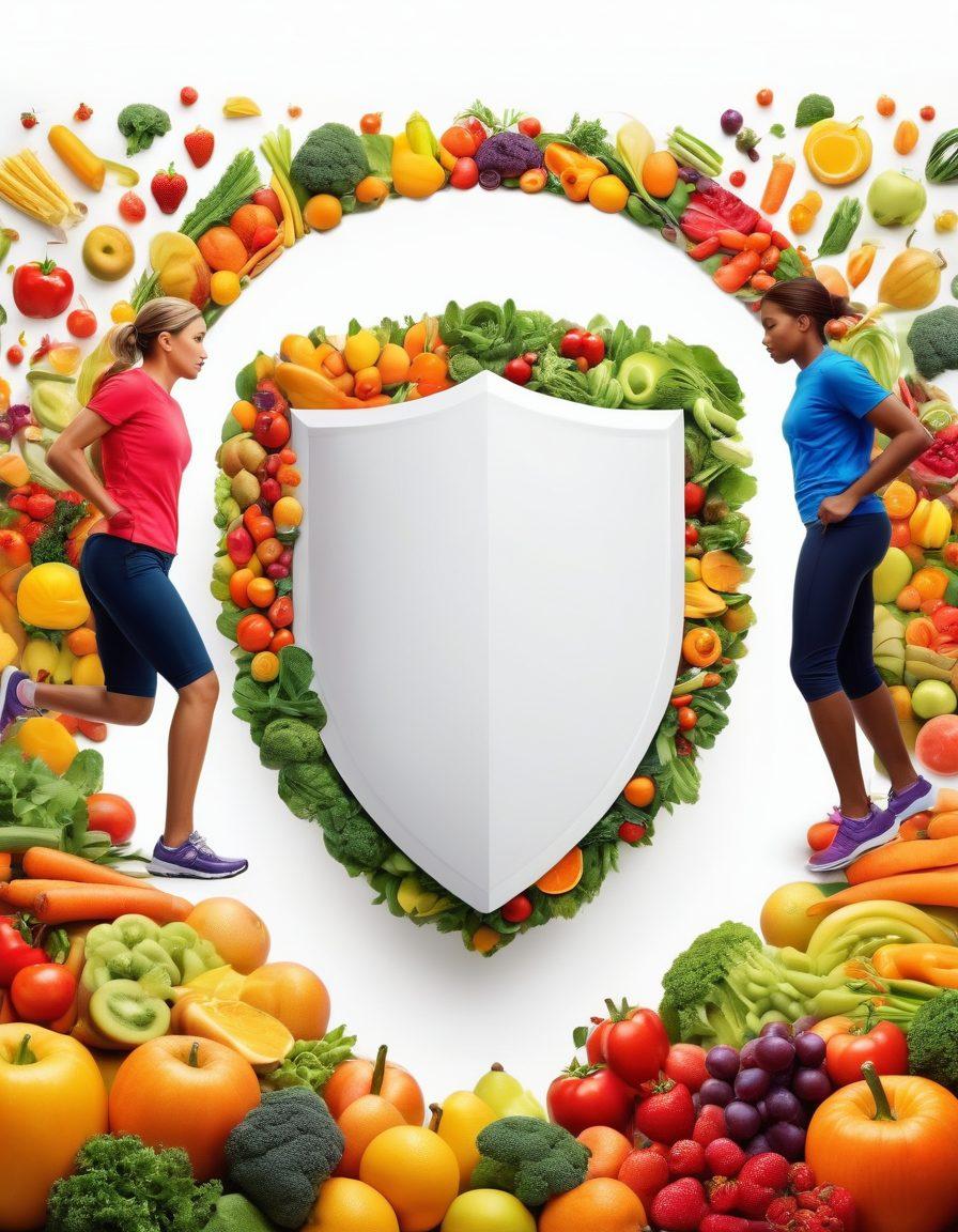A dynamic visual guide depicting a shield made of vibrant fruits and vegetables symbolizing cancer prevention, surrounded by diverse individuals engaging in healthy activities like jogging and gardening. In the background, uplifting icons representing awareness ribbons and medical resources are subtly integrated. The color palette should be bright and inviting, invoking a sense of hope and action. super-realistic. vibrant colors. white background.